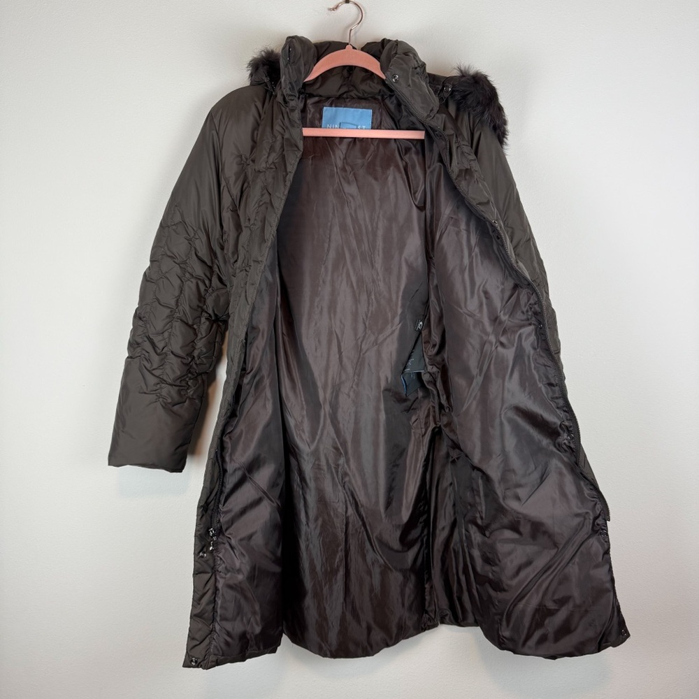 Nine West Brown Quilted Down Jacket Coat Rabbit‎ Fur Trim Hooded Size Medium - Picture 11 of 15
